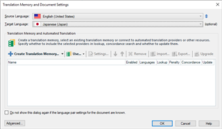 Trados Studio Translation Memory and Document Settings dialog with Source Language set to English (United States) and Target Language set to Automated Translation.