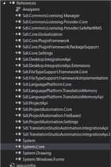 Screenshot of Trados Studio showing a list of project references including various Sdl components such as Sdl.Core.PluginFramework and Sdl.Desktop.IntegrationApi.