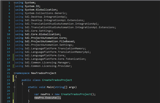 Image showing Trados Studio code editor with C# code for a class named CreateTradosProject, no visible errors or warnings.