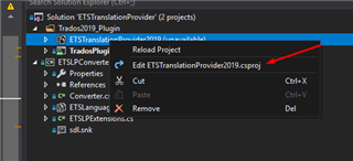 Right-click context menu on a project in Trados Studio with a red arrow pointing to 'Edit ETSTranslationProvider2019.csproj'.