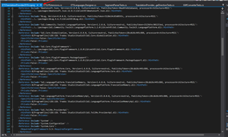 Content of a .csproj file in Trados Studio with XML structure, highlighting PackageReference and ProjectReference tags.