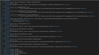 Screenshot of a csproj file displaying XML code including references to Trados Studio SDK, no visible errors or warnings.