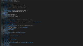Screenshot of a csproj file with XML code, including references to system assemblies, no visible errors or warnings.