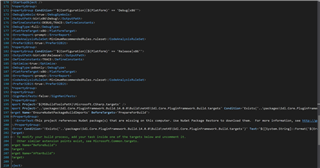 Screenshot of a csproj file with XML code, showing a warning message about a missing project reference target 'EnsureBindingRedirects'.