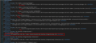 Screenshot of Trados Studio code editor showing multiple lines of code with relative paths. One line is highlighted indicating the path for Sdl.ProjectAutomation.Core.dll using a relative path.