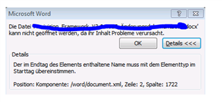 Error message in Microsoft Word stating 'The file cannot be opened because its content causes problems.' with details about XML validation issue at worddocument.xml, line 2, column 1722.