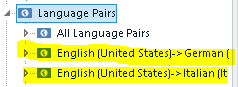 Screenshot showing a section labeled 'Language Pairs' with a sub-section 'All Language Pairs' and two language combinations: 'English (United States) to German' and 'English (United States) to Italian'.