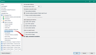 Trados Studio options menu with Translation Memory and Automated Translation settings, highlighting 'Concordance search fuzzy threshold' field with a red arrow pointing to it.