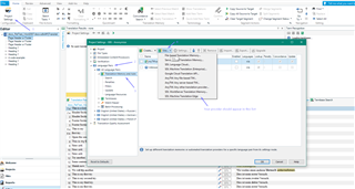 Trados Studio interface showing the ribbon with a dropdown menu for Translation Memory and Automated Translation settings.