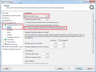 Screenshot of Trados Studio's Batch Processing settings with 'Minimum match value' set to 75 and 'Apply automated translation' checked.
