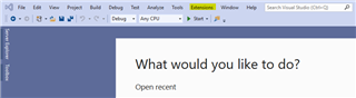 Visual Studio 2019 interface showing the top-level menu with Extensions tab.
