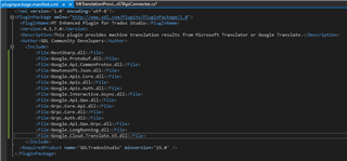 Screenshot of Trados Studio plugin manifest file showing included libraries such as Google.Apis.Auth with version 1.22.0.
