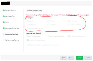 Screenshot of Trados Studio Advanced Settings showing disabled options for Dates, Acronyms, Variables, and Measurements with a red circle highlighting the message 'You cannot change settings as they are populated from the linked Language Resource template.'