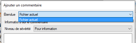 Trados Studio 'Add a comment' dialog box with 'Current file' selected in the dropdown menu and 'Information on the comment' and 'Severity level' fields visible.