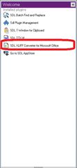 Trados Studio welcome screen with 'SDLXLIFF Converter for Microsoft Office' plugin highlighted in red.
