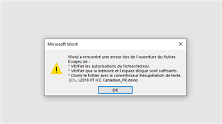 Microsoft Word error dialog box with a warning icon. Text reads: Word encountered errors during file opening. Suggestions include verifying file permissions and available memory and disk space.