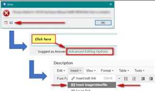 Error dialog box with 'OK' button highlighted, and a screenshot editing guide pointing to 'Click here' and 'Advanced Editing Options'.