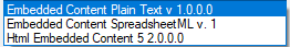 List of default Embedded Content Processors in Trados Studio including Plain Text, SpreadsheetML, and HTML versions.
