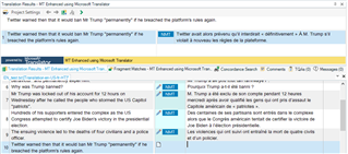 Screenshot of Trados Studio with a message stating 'Translation Results: (MT) Extract using Microsoft Translator' and a note that Haitian Creole is not returned.