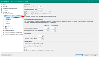 Trados Studio project settings dialog box with 'Use machine translation when no TM match is found' option checked, indicating activation of machine translation results.