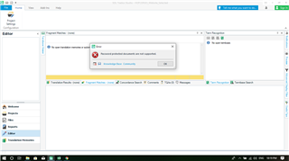 Trados Studio error message 'Password protected documents are not supported' displayed on screen with an 'OK' button.