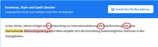 Screenshot of Language Tool grammar checker highlighting 'Glaube' and 'Dass' as errors with red underlines in a German text.