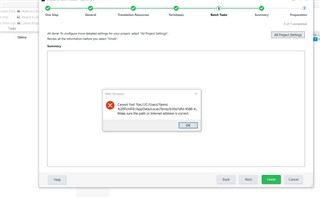 Error message in Trados Studio 2019 stating 'Cannot find file:C:Users.... Make sure the path or Internet address is correct.' with an 'OK' button.