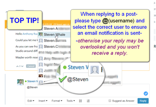 Screenshot of Trados Studio with a 'Top Tip' pop-up advising to type @username when replying to ensure the user receives an email notification.