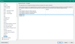 Options menu in Trados Studio displaying keyboard shortcut customization for Wordlight plugin.
