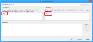Screenshot of Trados Studio Edit Segmentation Rule dialog box with fields to enter expressions for 'Before break' and 'After break' highlighted in red.