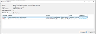 Trados Studio error feedback window showing two errors in 'PerfectMatch + Pretranslation + Analysis' step with 'Analyze files' action and 'PerfectMatch analysis' origin.