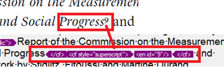 Screenshot displaying Trados Studio with a visible endnote tag 'end id=9' in the IDML file, indicating a correct footnote reference.