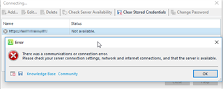 Trados Studio connection error dialog box showing 'Not available' status for HTTP server connection and an error message about communication or connection error.