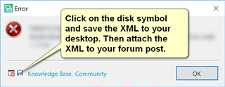 Trados Studio error dialog box with a message instructing to click on the disk symbol and save the XML to desktop, then attach the XML to the forum post.
