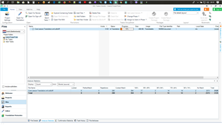Screenshot of Trados Studio 2019 showing an empty file analysis report with columns for Total, New, Fuzzy, 100% Matches, and Repetitions.
