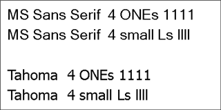 Screenshot showing a comparison of MS Sans Serif and Tahoma fonts in MS Word 2013, with the text '4 ONEs 1111' and '4 small Ls llll' to demonstrate font clarity.
