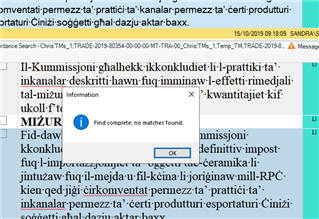Trados Studio Information window with message 'Find complete: no matches found' and OK button, obstructing view of the translation project.