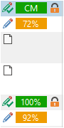 Trados Studio screenshot showing translation memory matches with percentages, including a CM match at 72% and a 100% match at 92%.