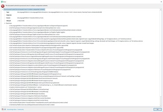 Error message in Trados Studio stating 'The document cannot be processed since it contains unexpected contents.' with a list of problematic elements in the PDF file.