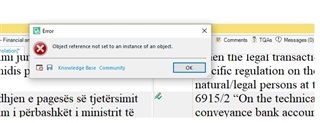 Error message in SDL Trados Studio saying 'Object reference not set to an instance of an object' with an OK button.