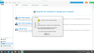 Trados Studio error message pop-up reading 'An error has occurred in the script on this page. Line: 0, Char: 0, Error: Script error, Code: 0, URL: about:blank. Do you want to continue running scripts on this page?' with Yes and No options.
