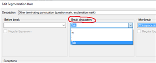 Trados Studio Edit Segmentation Rule dialog box showing a list of break characters including period, question mark, exclamation mark, colon, semi-colon, and tab.