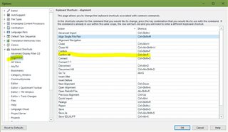 Trados Studio Alignment Editor showing a list of keyboard shortcuts. The 'Align Segments' function is highlighted, indicating it is only available in this editor.
