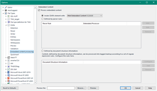 Trados Studio 2021 options window showing Embedded Content settings with options for CDATA sections, parser rules, and document structure information.