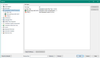 Trados Studio options window displaying a list of file types including Embedded Content Plain Text and SpreadsheetML.