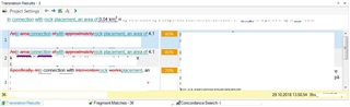 Screenshot of Trados Studio's Translation Results window showing fuzzy match comparison with alternating red and green text for differing words, making it hard to distinguish added and removed strings.
