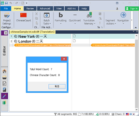 Trados Studio screenshot showing a project with a file named 'chineseSample.txt'. An error dialog box is open with the message 'Total Word Count: 7, Chinese Character Count: 8'.