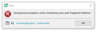 Error dialog box with a red cross icon indicating 'Unexpected exception when initializing view part Fragment Matches'.