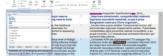 Trados Studio screenshot showing the 'Find and Replace' dialog box with a word highlighted in the source segment, and the 'Assess Quality' icon greyed out indicating TQA mode is not activated.