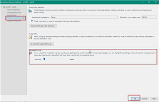 Trados Studio Translation Memory Settings window with Performance and Tuning selected, showing Advanced Tuning settings slider between Accuracy and Speed.